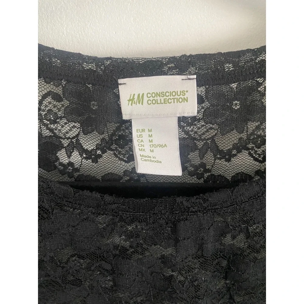 HM Conscious Collection Black Lace Sheer Short Sleeve T Shirt Top Women's Medium